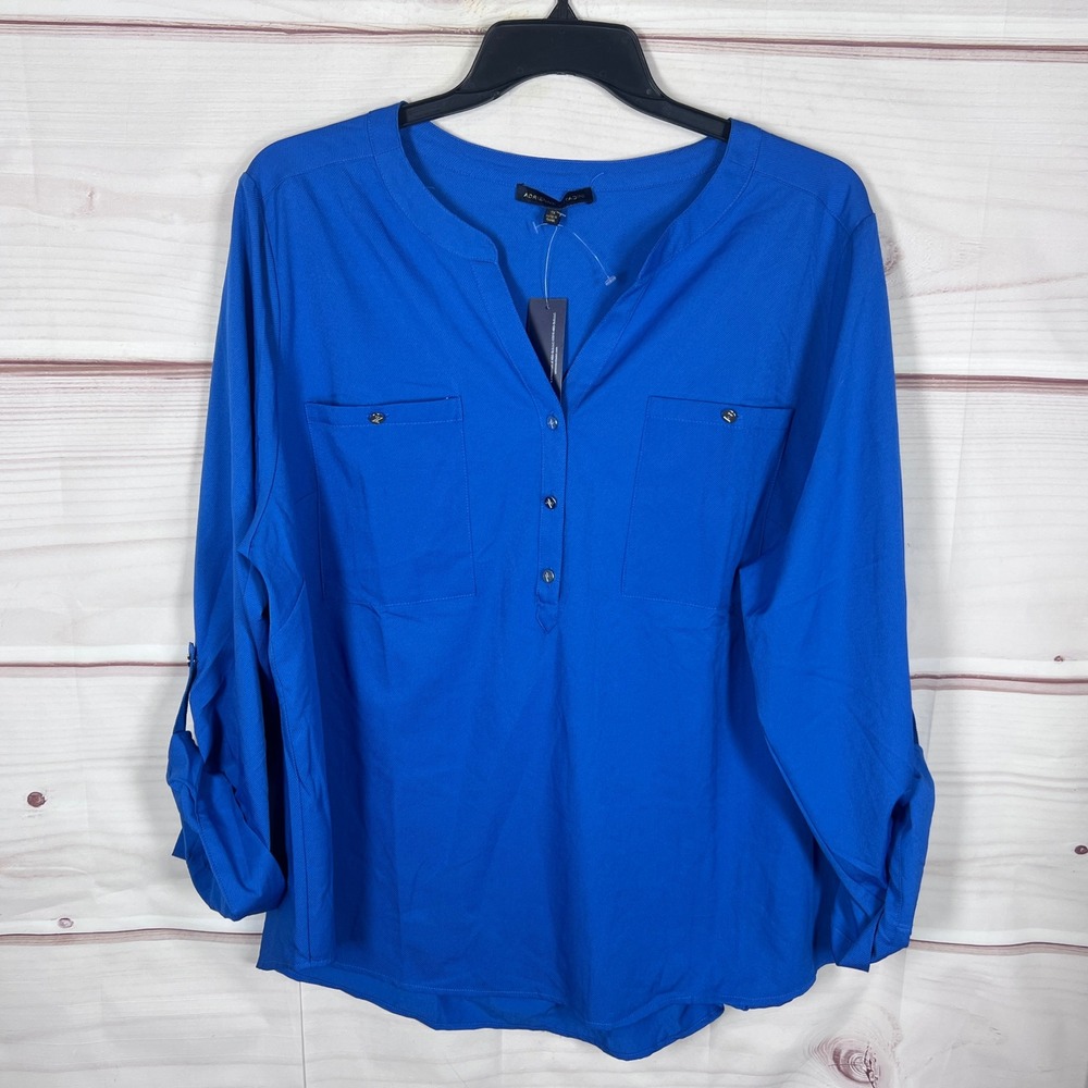Adrienne Vittadini Blouse Womens 3X Blue Henley Roll Tab Sleeve Top Solid Career